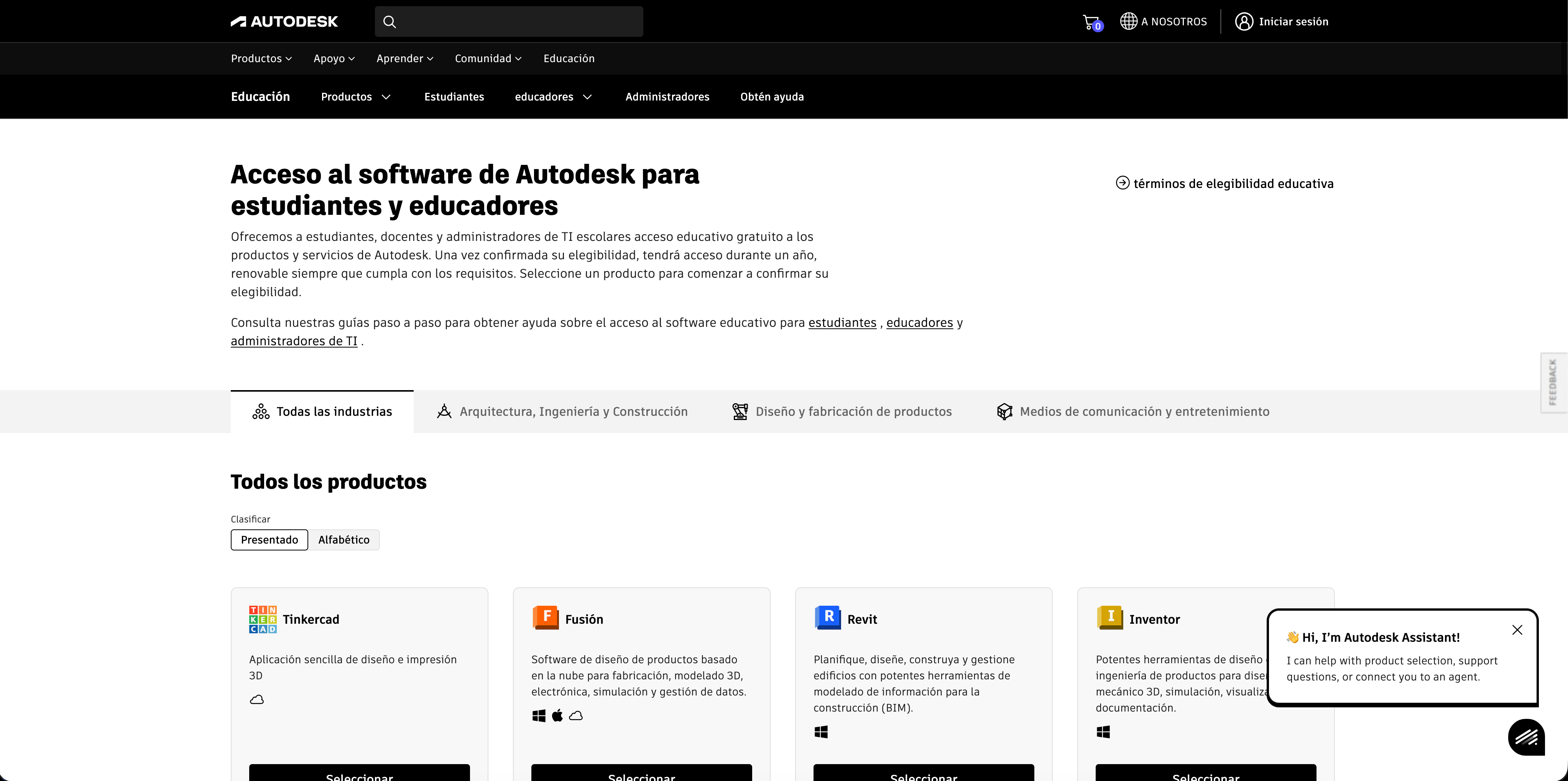 Portal de Autodesk Education para comenzar el acceso educativo