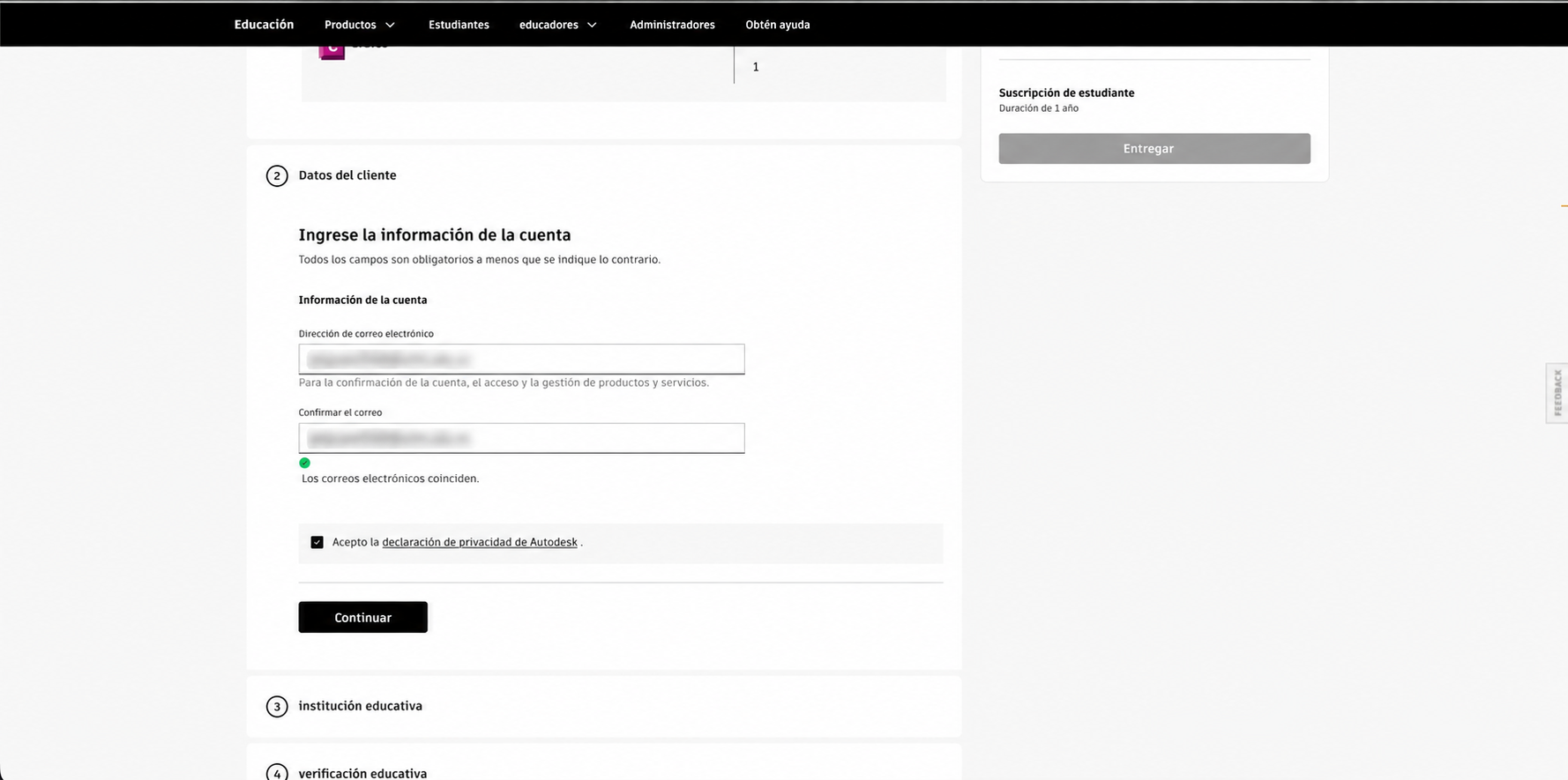 Confirmación del correo de la cuenta durante la verificación educativa de Autodesk