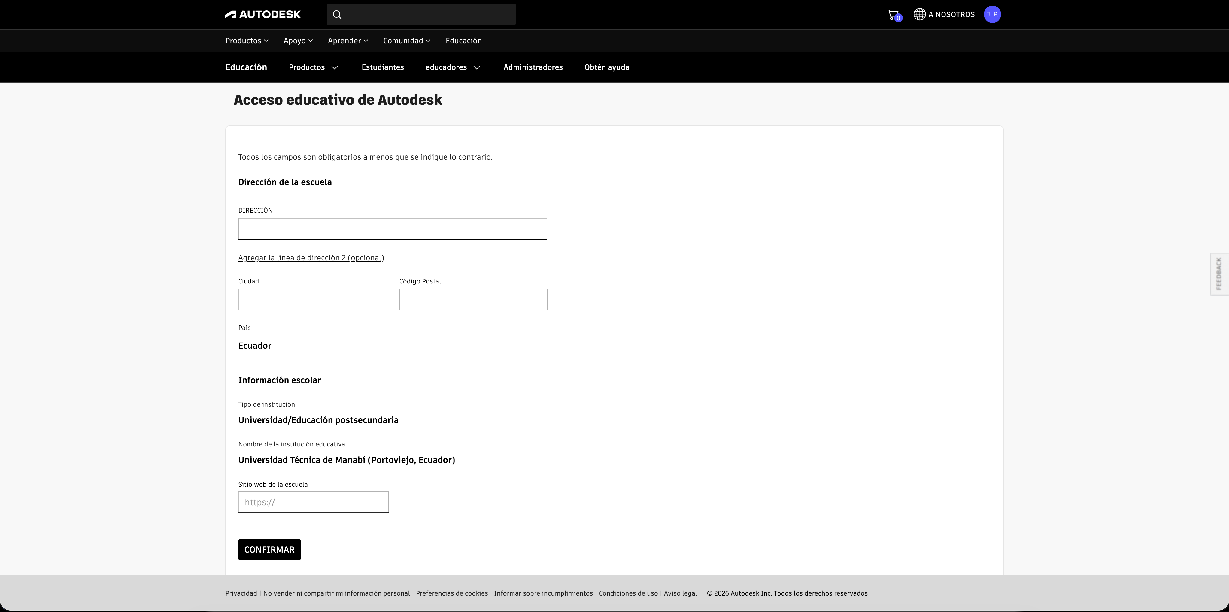Formulario de datos de la institución para el acceso educativo de Autodesk