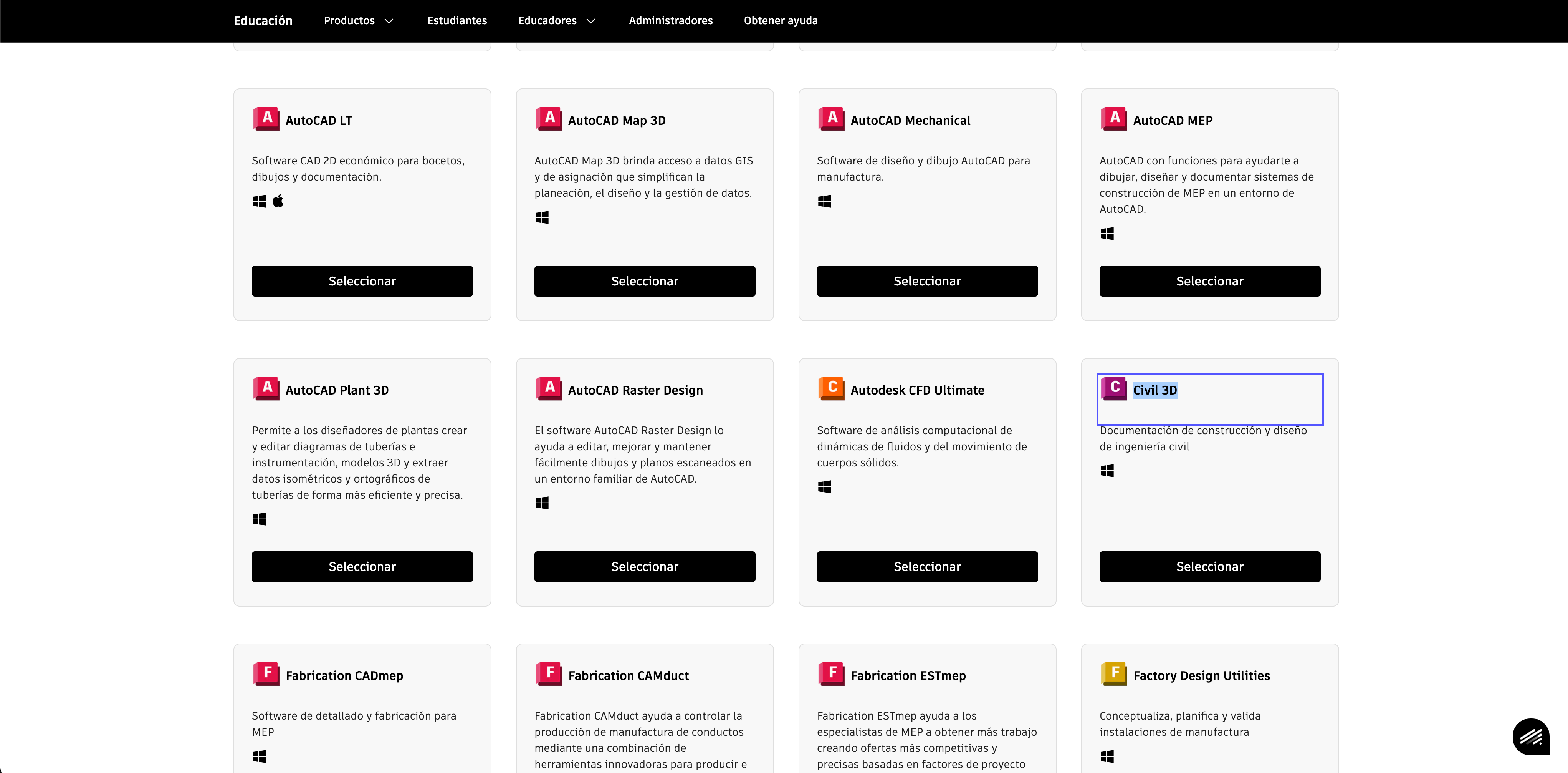 Opciones de descarga de Civil 3D en Autodesk